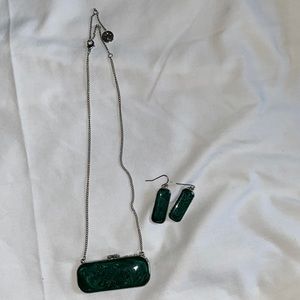 Silver-toned and Green Marble Locket and Matching Earrings